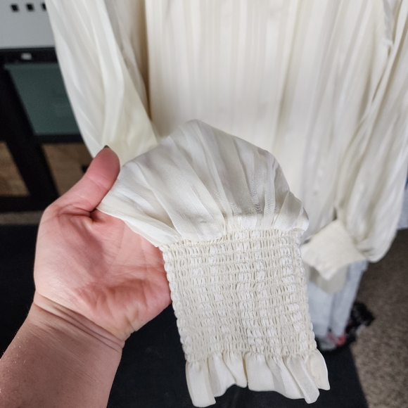 EXPRESS NWOT Satin Stripe Long Sleeve Smocked Cuff Blouse L - Picture 4 of 5